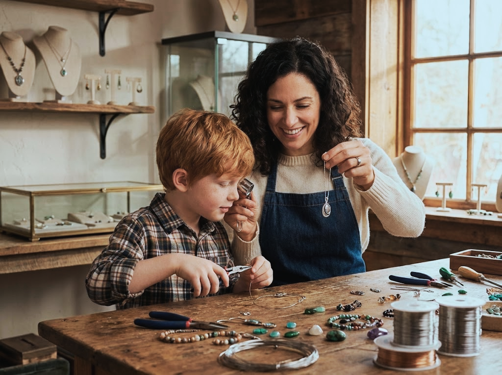 Woman and child working together on jewelry in a workshop
