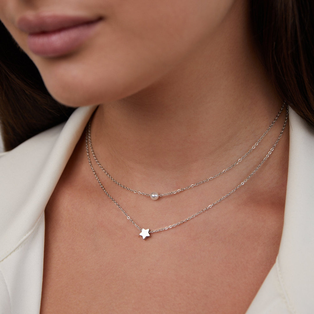 LAYERED SILVER STAR &amp; PEARL NECKLACE