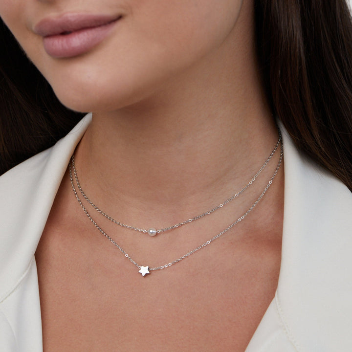 LAYERED SILVER STAR &amp; PEARL NECKLACE