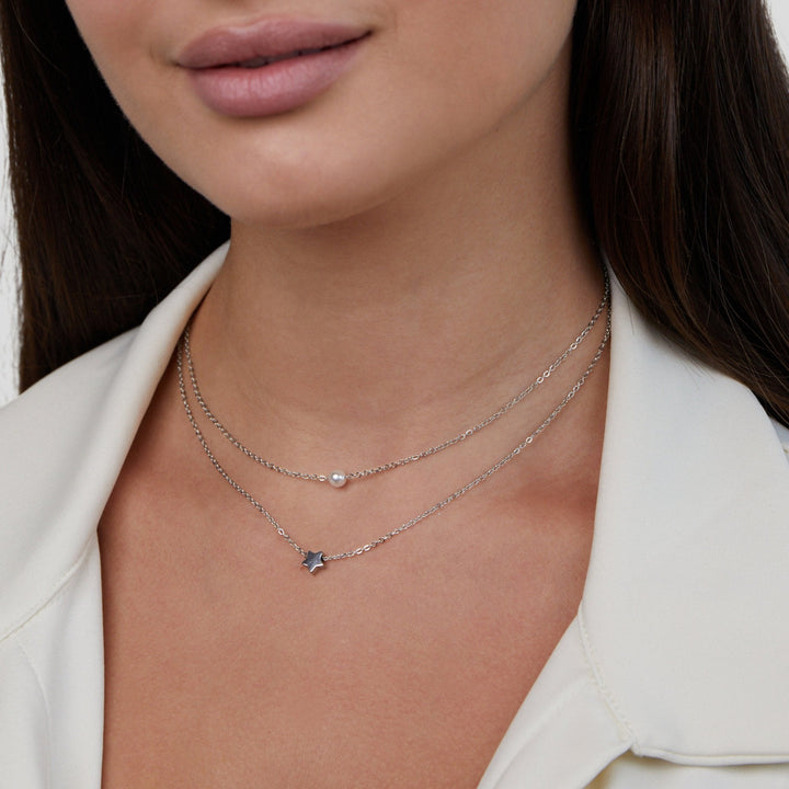 LAYERED SILVER STAR &amp; PEARL NECKLACE