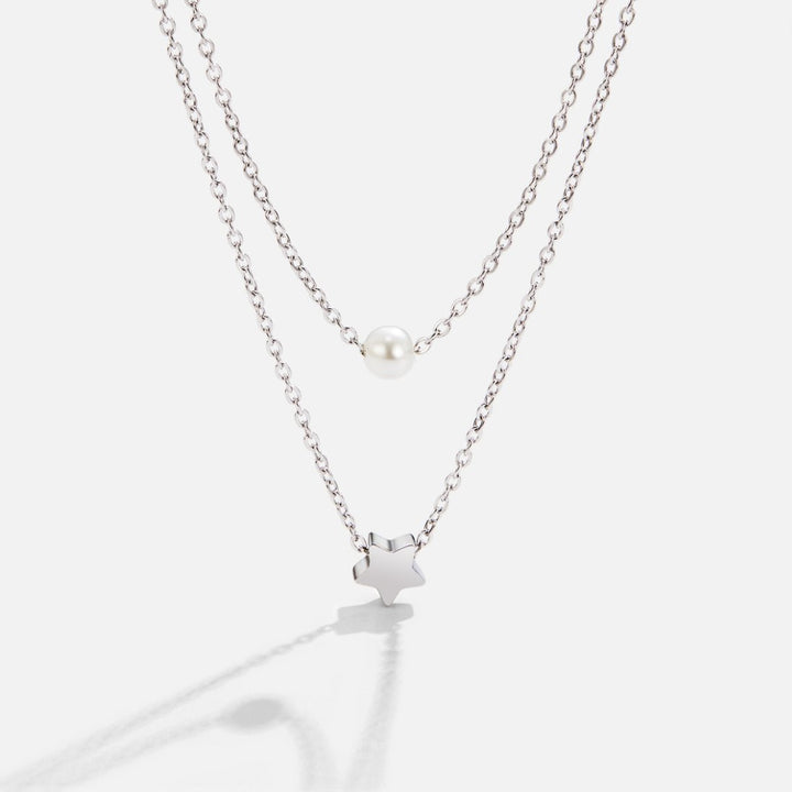 LAYERED SILVER STAR &amp; PEARL NECKLACE